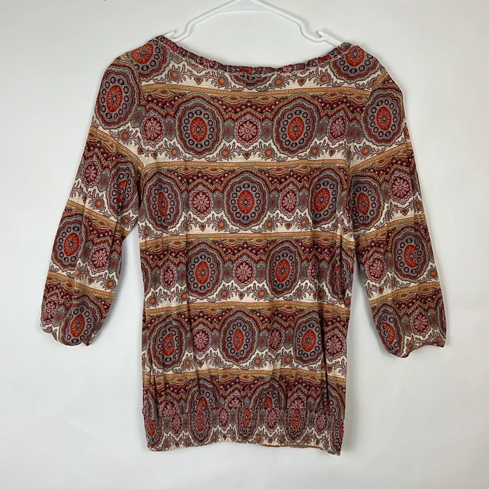 LUCKY BRAND Boho 3/4 sleeve top medallion design orange & cream metal bu… - Picture 2 of 10